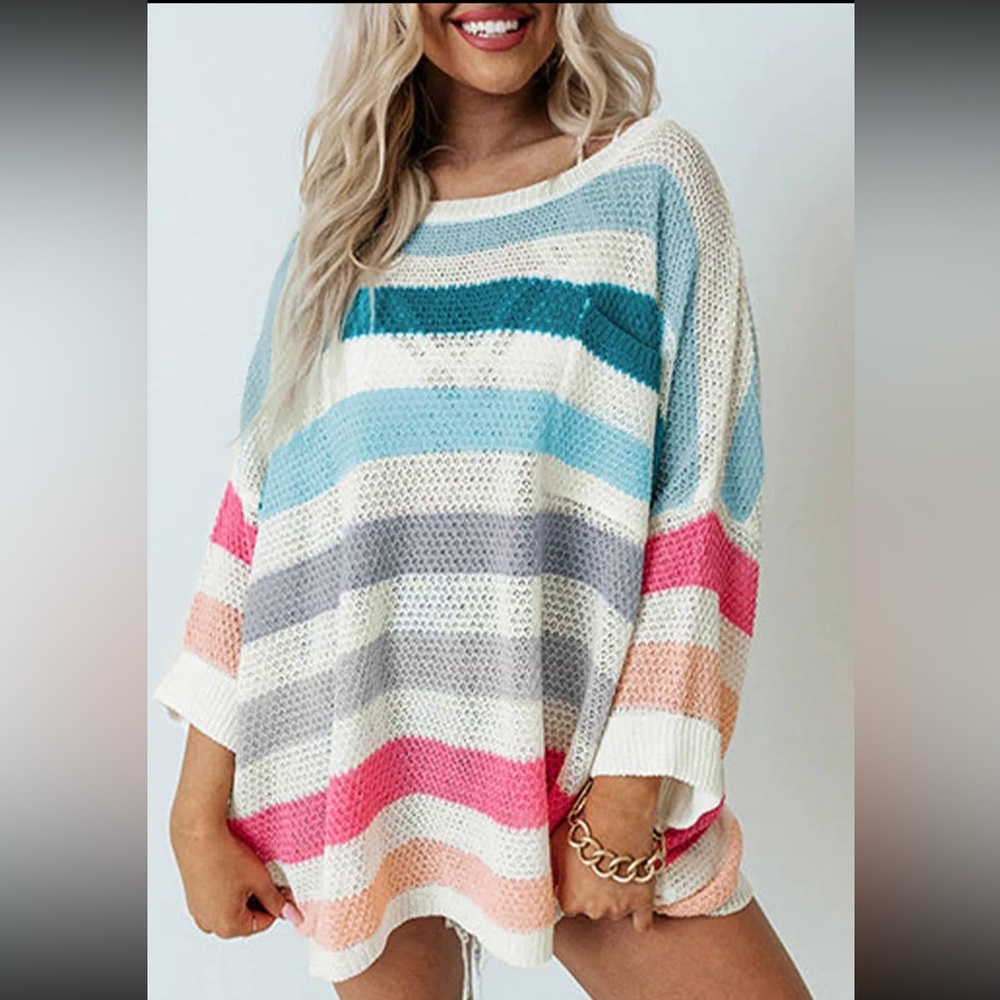 Multicolored Striped Knit Top with Chest Pocket